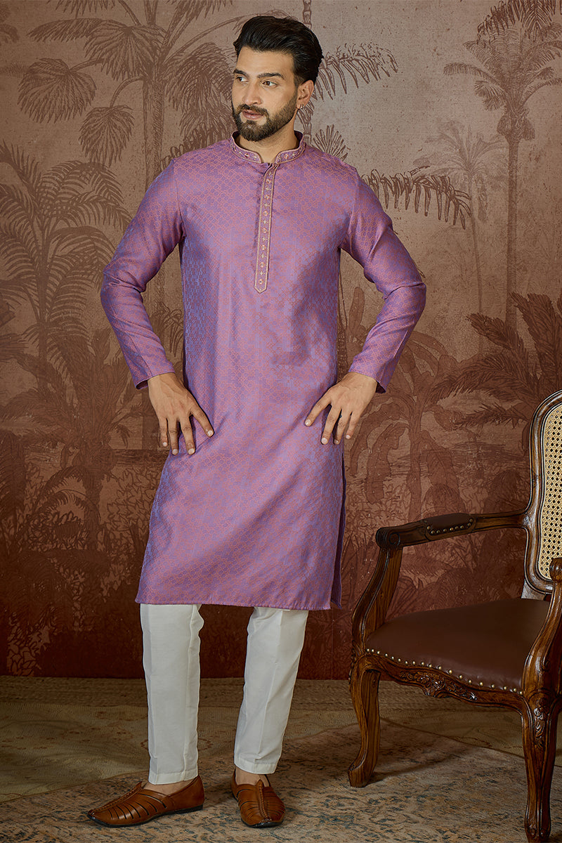 Mens Purple Jacquard Geometric Embroidered Kurta