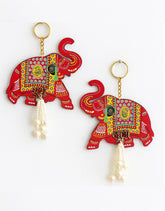 Wooden Shubh Labh Tags for Door Entrance, Red Elephant Toran - 1 Pair