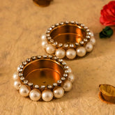 Decorative Diya Holder with Elegant Pearl Base – Stylish Tealight Candle Holder - 2 Pcs