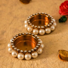 Decorative Diya Holder with Elegant Pearl Base – Stylish Tealight Candle Holder - 2 Pcs