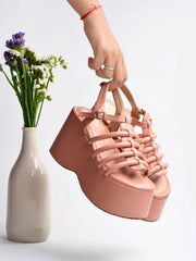 Shoetopia - Multi Straps Casual Peach Platforms For Women & Girls