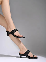 Shoetopia - Braided One Toe Black Block Heels For Women & Girls
