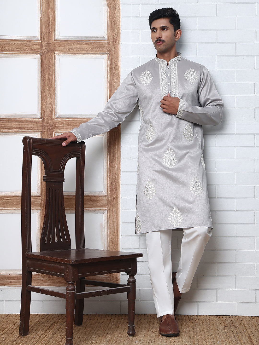 Men S Silk Blend Ethnic Embroidered Kurta Pyjama