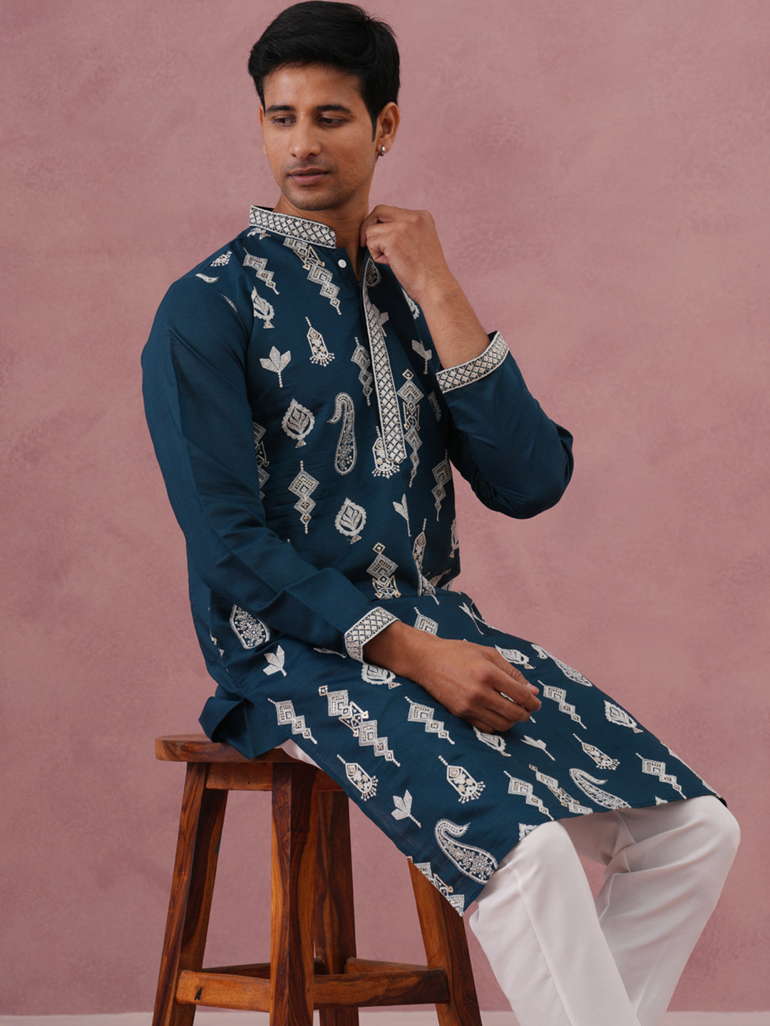 silk blend ethnic embroidered kurta pyjama for men
