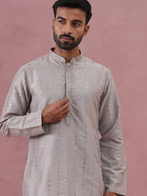 Traditional Silk Blend Silver Kurta Pyjama For Men