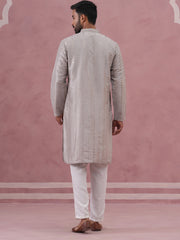 Traditional Silk Blend Silver Kurta Pyjama For Men
