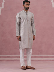 Traditional Silk Blend Silver Kurta Pyjama For Men