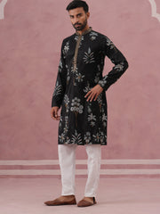 botanical embroidered cotton blend kurta set for men
