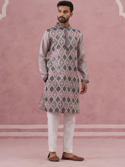 Grey Silk Blend Geometric Embroidered Kurta Set