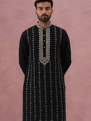 Black Silk Blend Kurta Set With Off White Geometric Embroidery