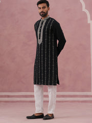 Black Silk Blend Kurta Set With Off White Geometric Embroidery