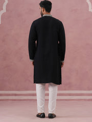 Black Silk Blend Kurta Set With Off White Geometric Embroidery
