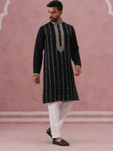 Black Silk Blend Kurta Set With Off White Geometric Embroidery