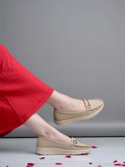 Buckle detailed Casual Cream Loafers For Women & Girls