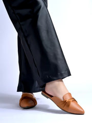 Solid Pointed Toe Tan Flat Mules For Women & Girls