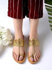 Shoetopia - Chic Comfort & Stylish Golden Kolhapuri Flats For Women & Girls