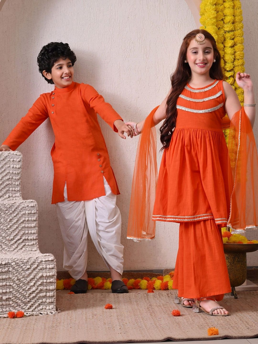 Indi Loom Couture Boys Orange Solid Ethnic Kurta with Dhoti Pant Set ILBKS16