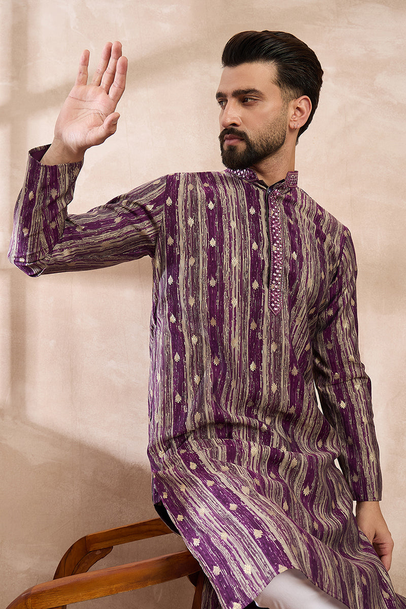 Purple Silk Blend Abstract Printed Straight Kurta With Trouser