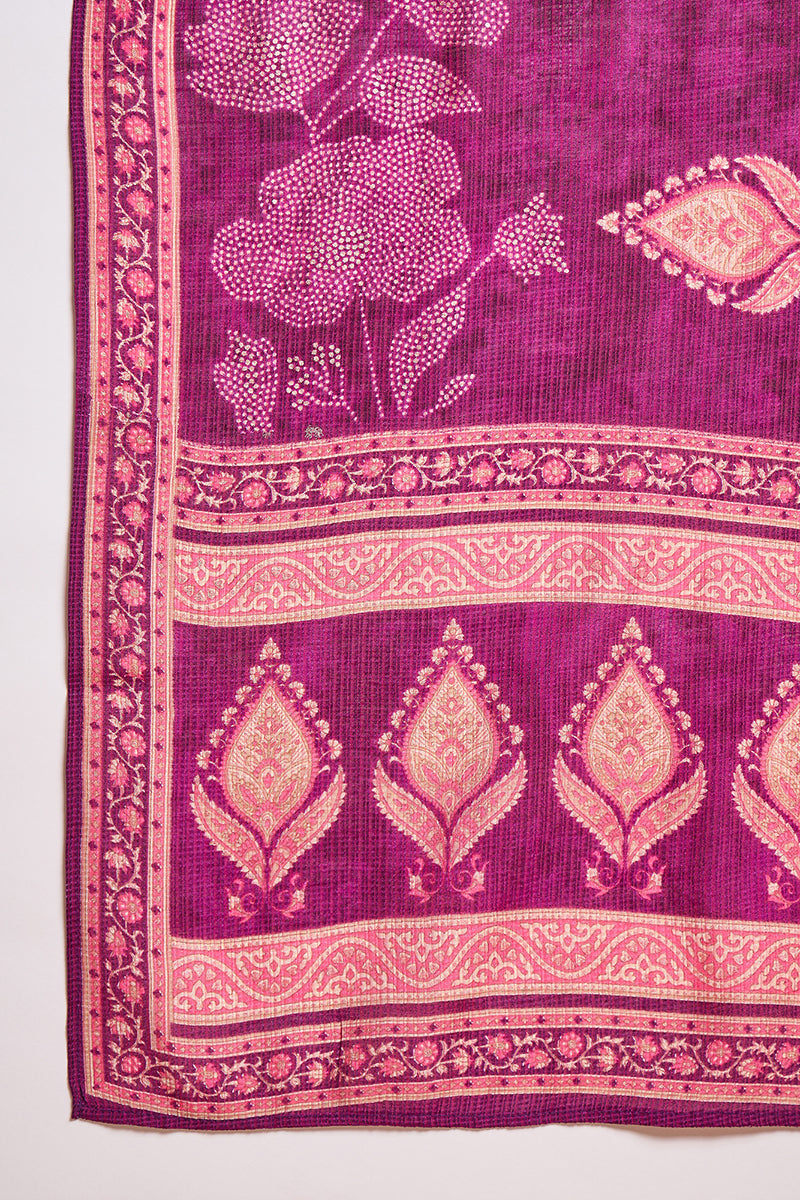 purple silk blend floral printed straight kurta trouser with dupatta