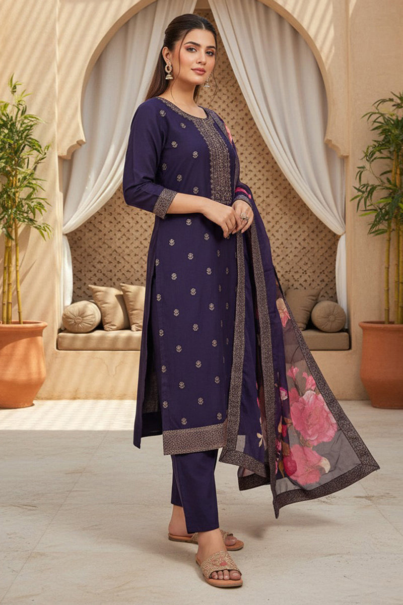 purple silk blend ethnic motifs stoning straight kurta trouser with dupatta