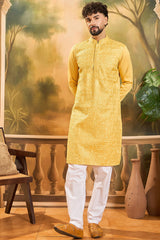 yellow silk blend solid embroidered straight kurta