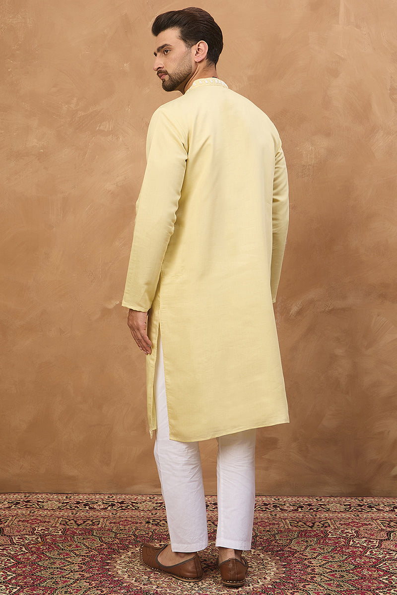 Yellow Silk Blend Solid Embroidered Straight Kurta