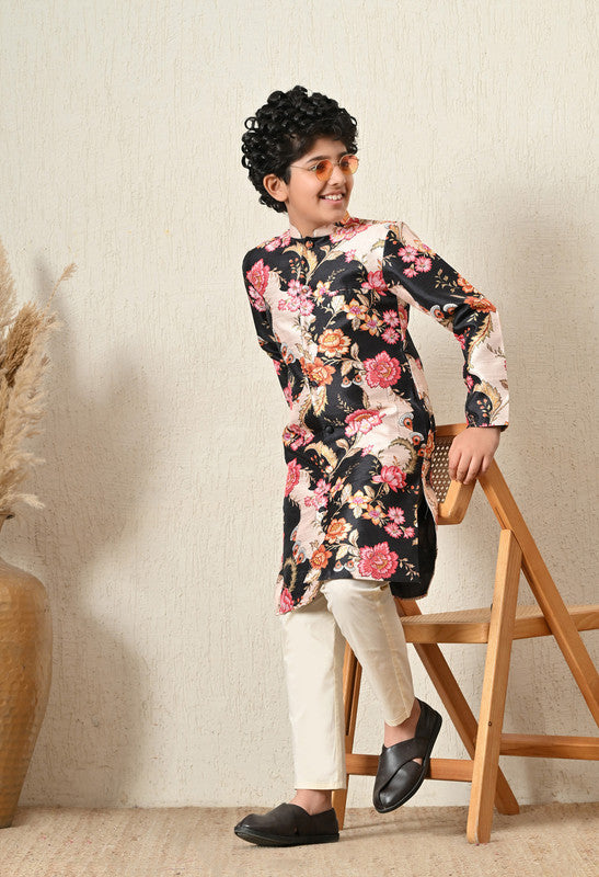 Indi Loom Couture Boys Black Floral Printed Blazzer Kurta with Off White Pyjama Set ILBKS45