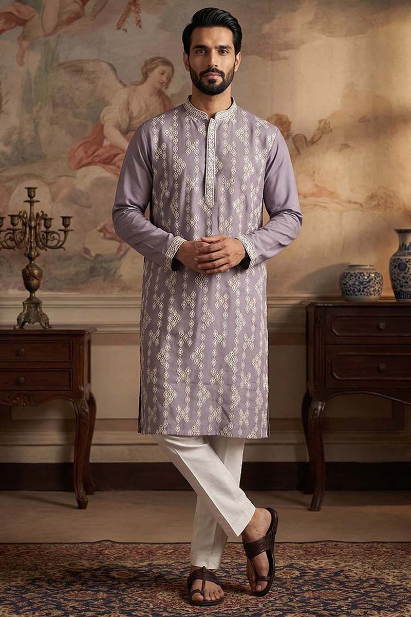 Silk Blend Lavender Solid Embroidered Calf Length Straight Kurta With Trousers