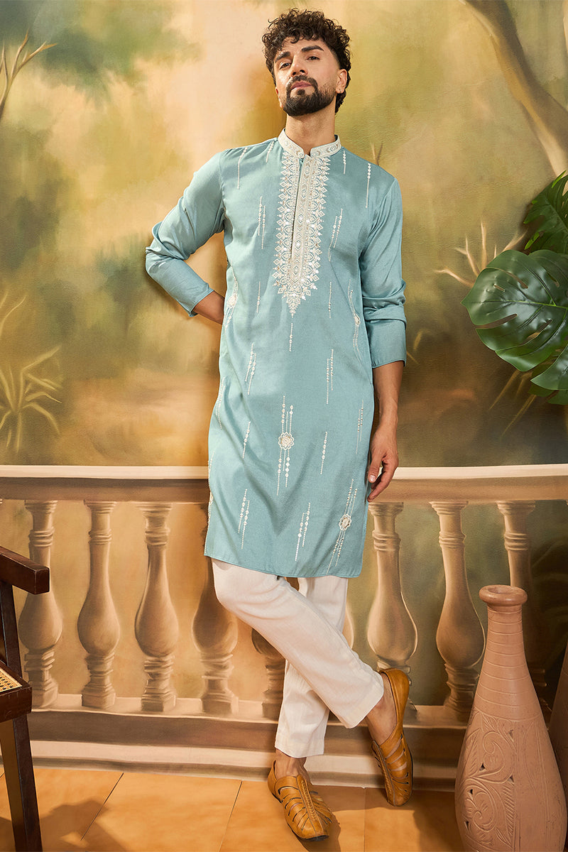 Blue Silk Blend Solid Embroidered Straight Kurta with Trouser