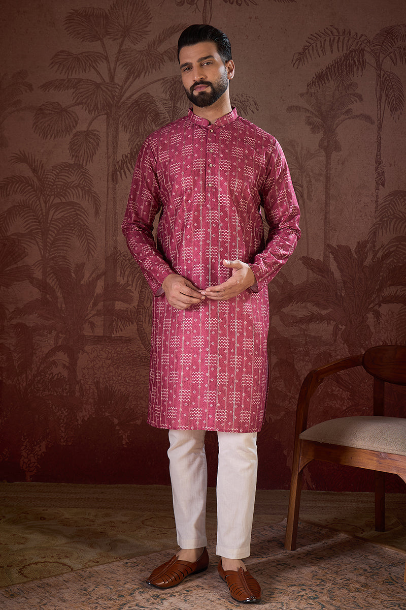 Pink Silk Blend Ethnic Motifs Printed Straight Kurta With Trouser