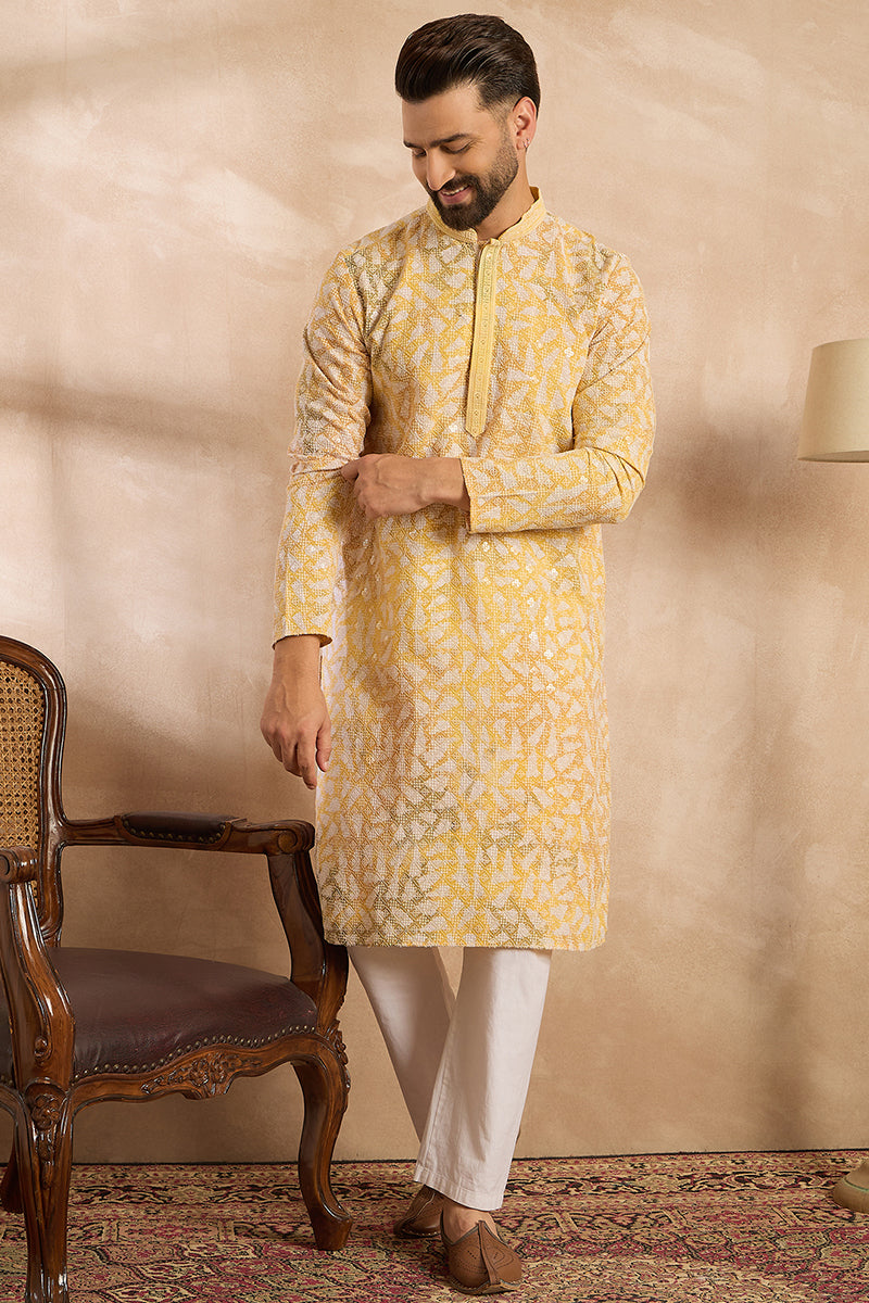 Yellow Viscose Rayon Solid Printed Straight Kurta With Trouser