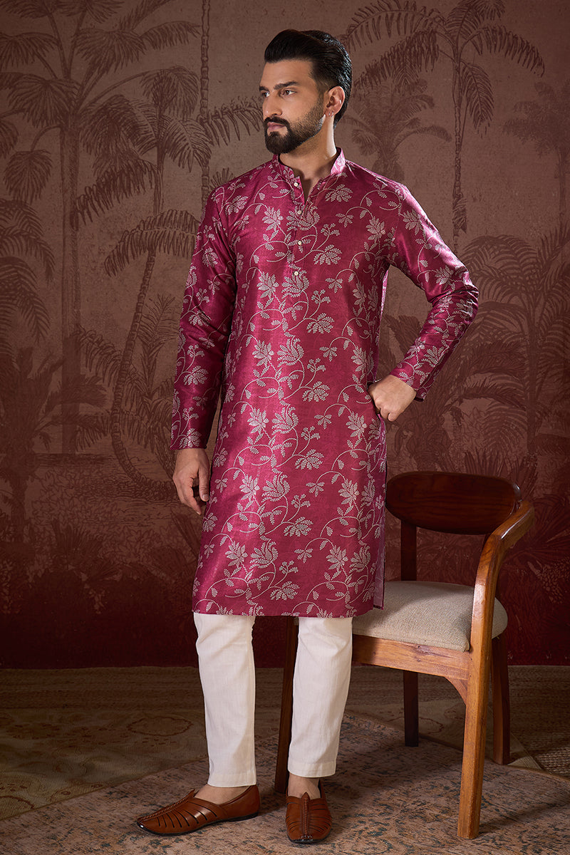 Red Silk Blend Floral Printed Straight Kurta