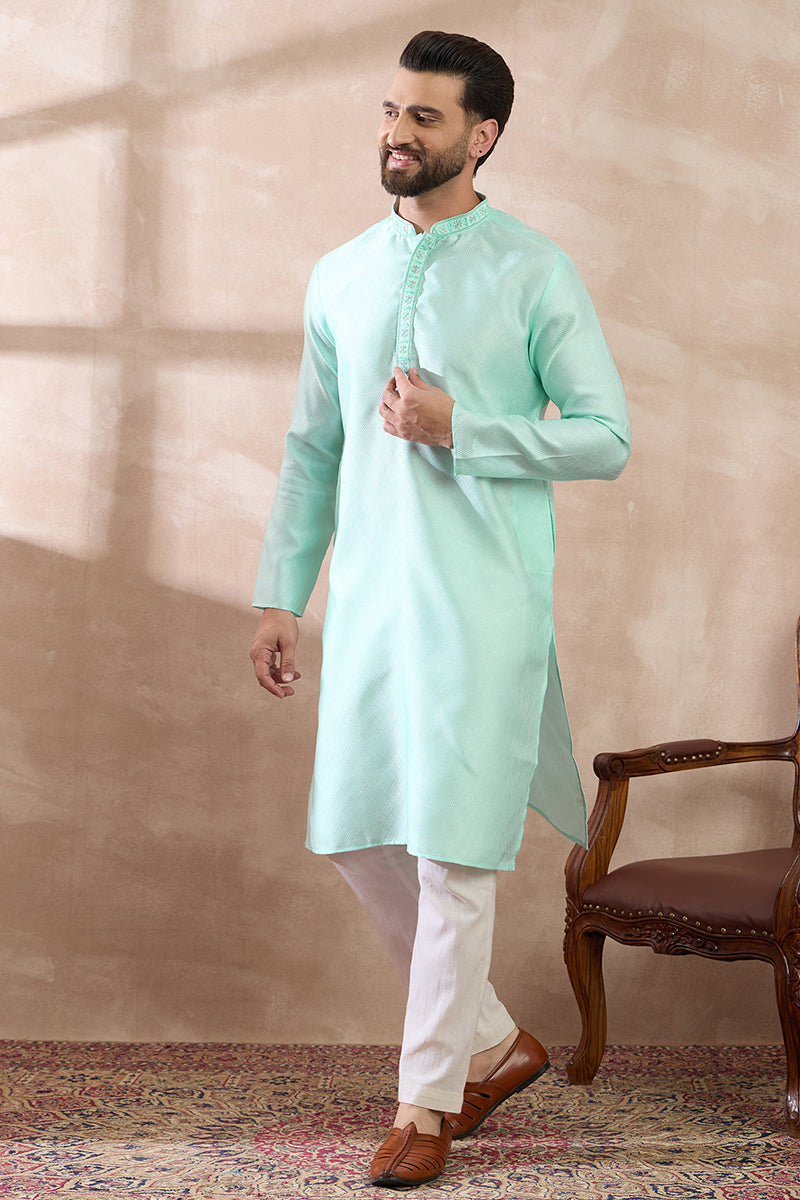 Teal Polyester Woven Design Mandarin Collar Straight Kurta