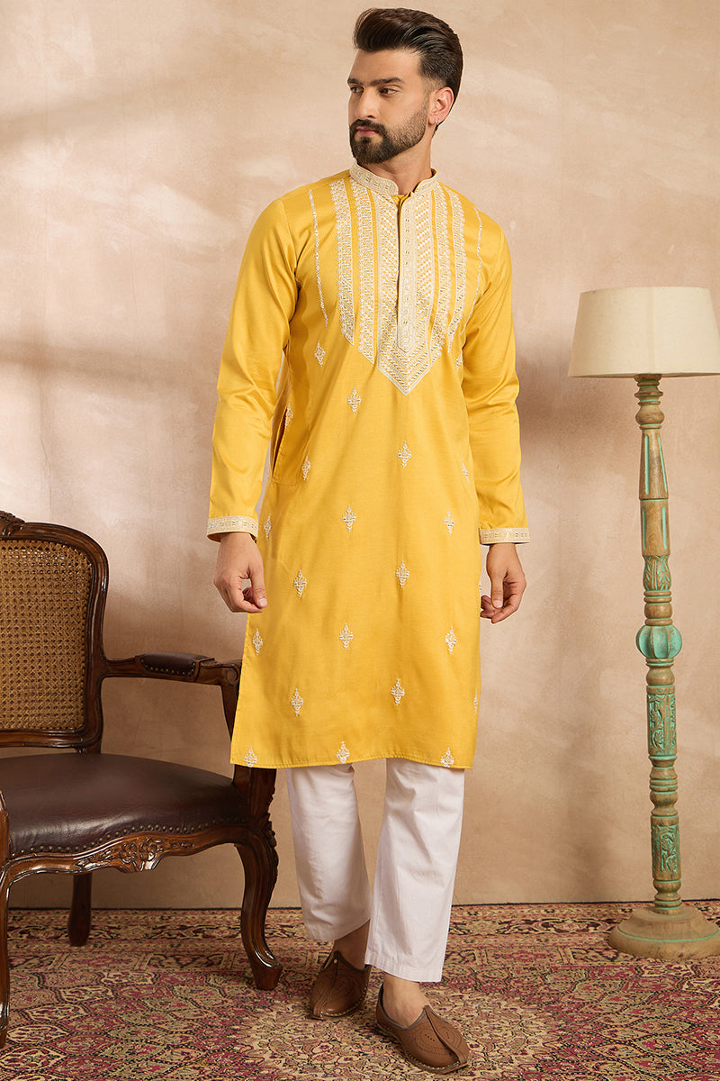 Yellow Silk Blend Geometric Embroidered Straight Kurta With Trouser