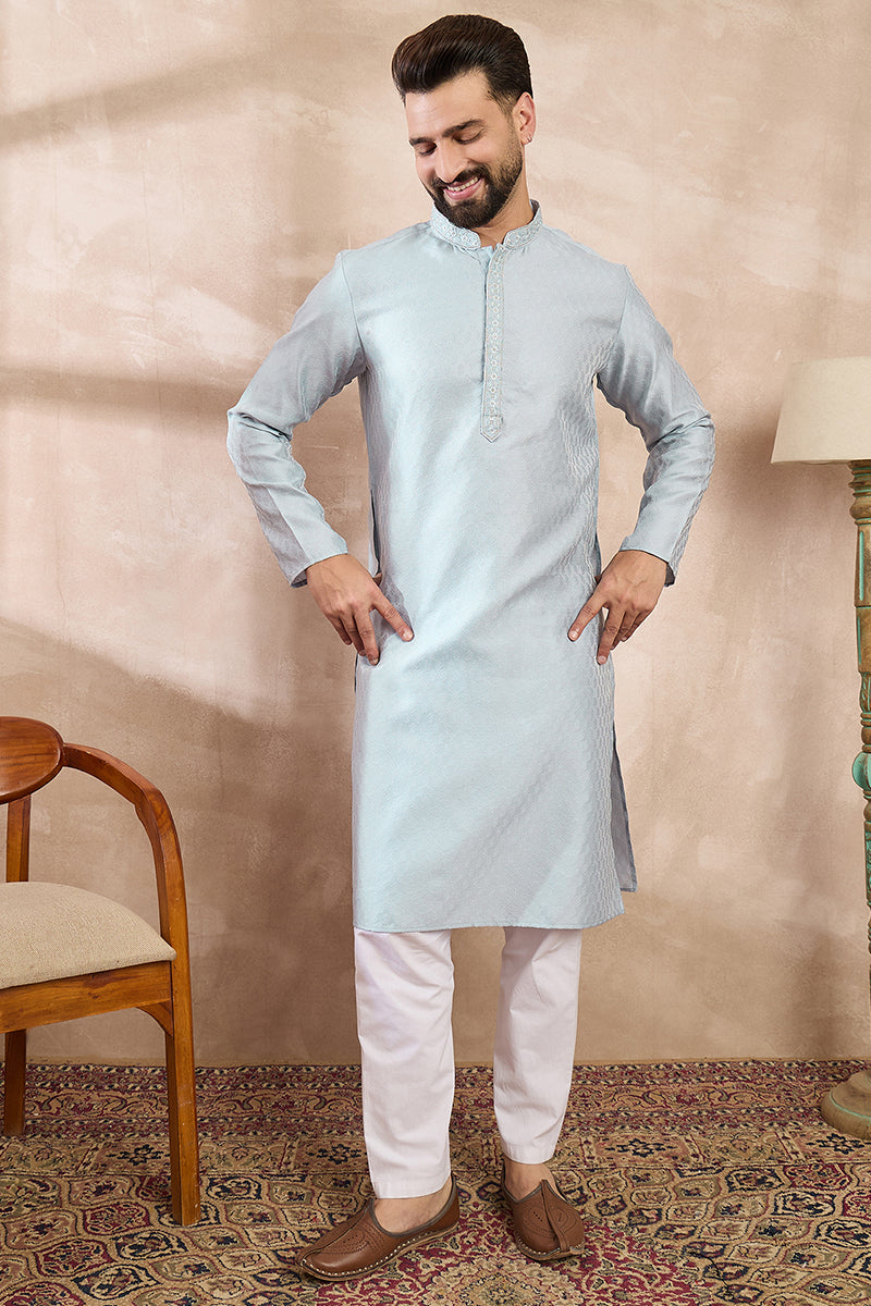 Blue Silk Blend Solid Woven Design Straight Kurta With Trouser