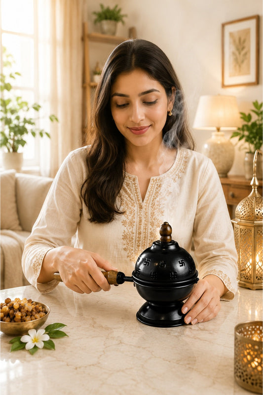premium metal loban burner with wooden handle 3 free loban cups heat resistant incense burner for loban dhoop sambrani cups bakhoor camphor home temple meditation pooja decor