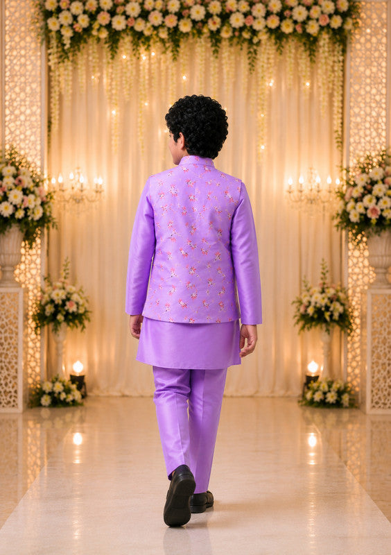 Indi Loom Couture Boys Lavender Plain Kurta with Pyjama & Printed Nehru Jacket Set ILBKSJ19