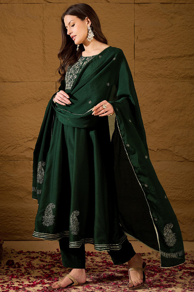 green cotton embroidered anarkali suit set
