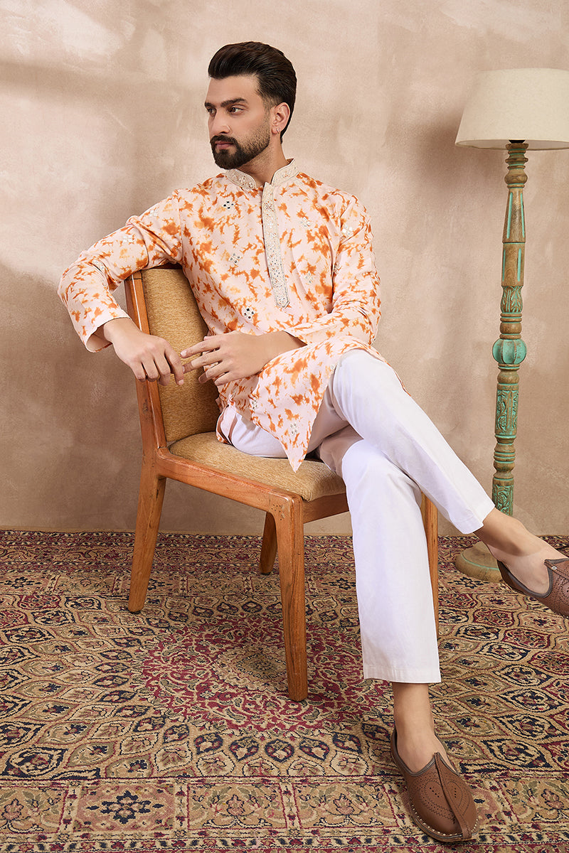 Orange Silk Blend Solid Embroidered Straight Kurta With Trouser