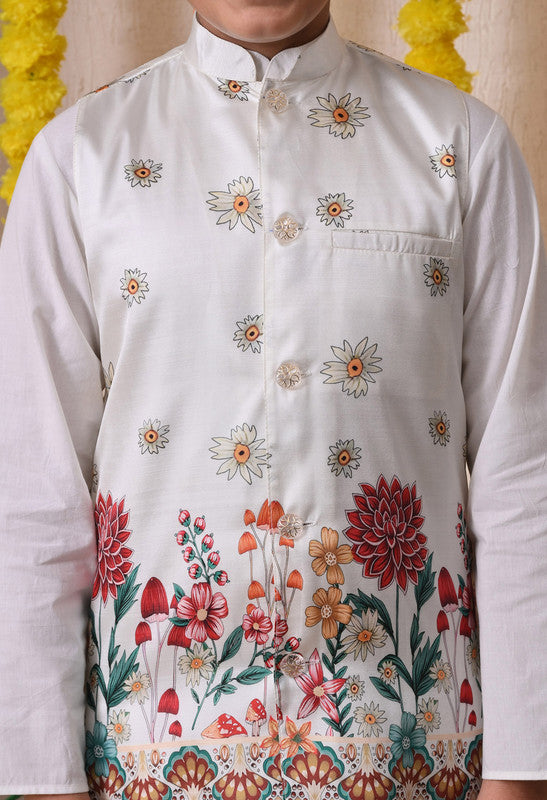 Indi Loom Couture Boys White Kurta Pyjama with Printed Jacket Set ILBKSJ27
