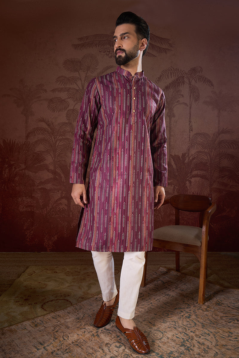 Purple Silk Blend Striped Printed Straight Kurta With Trouser