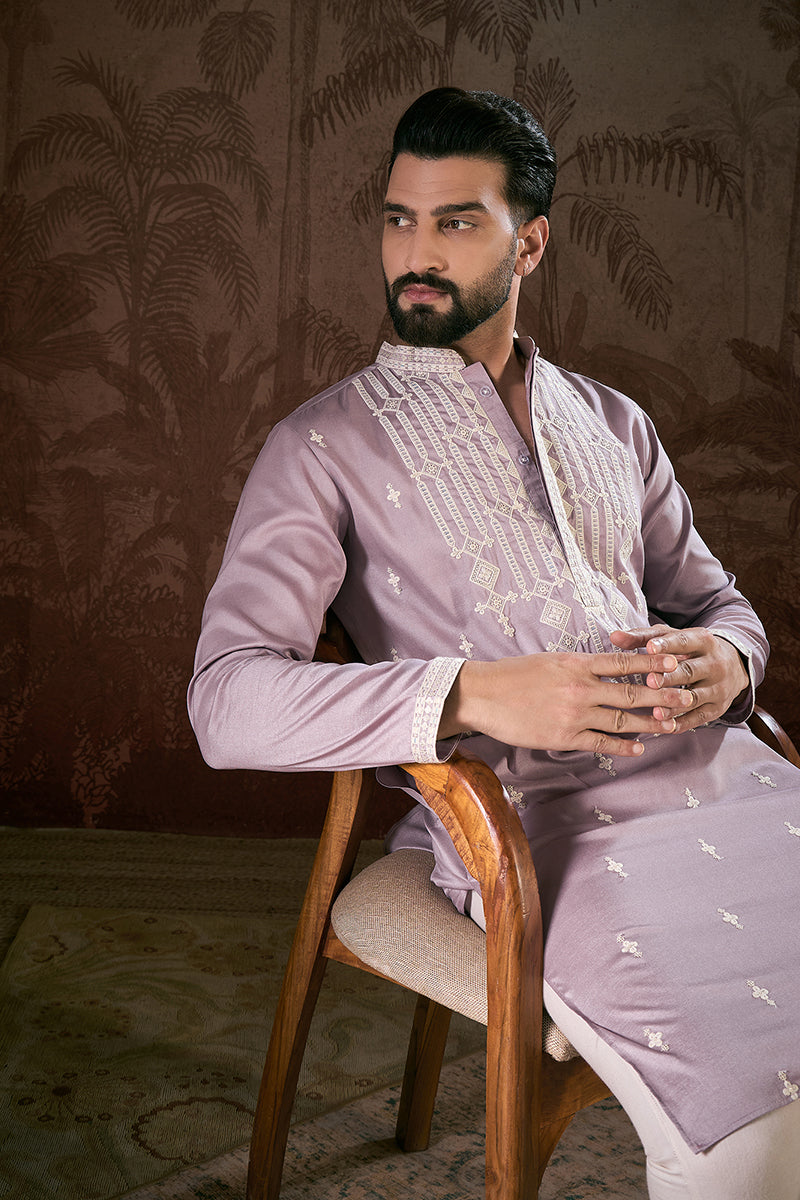 Lavender Silk Blend Solid Embroidered Straight Kurta With Trouser