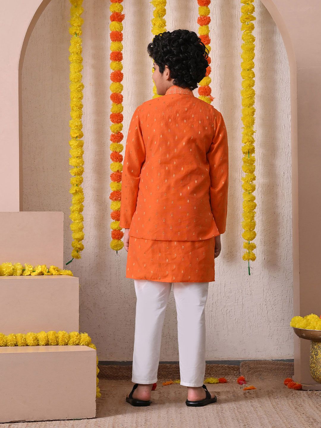 Indi Loom Couture Boys Orange Kurta with Embroidered Jacket & Pyjama Set ILBKSJ03