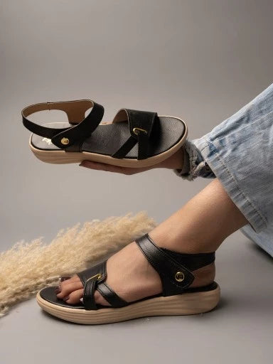 Shoetopia - Comfortable Ankle Strap Black Sandals For Women & Girls
