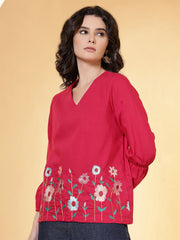 casual bishop sleeve embroidered women top