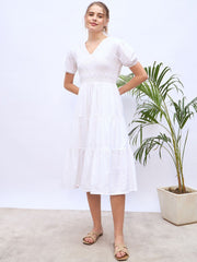 Zummer White Schiffli Smocked Tiered Midi Dress