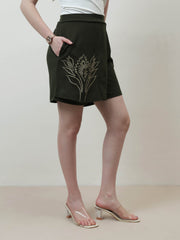 athena olive green solid mid rise regular shorts