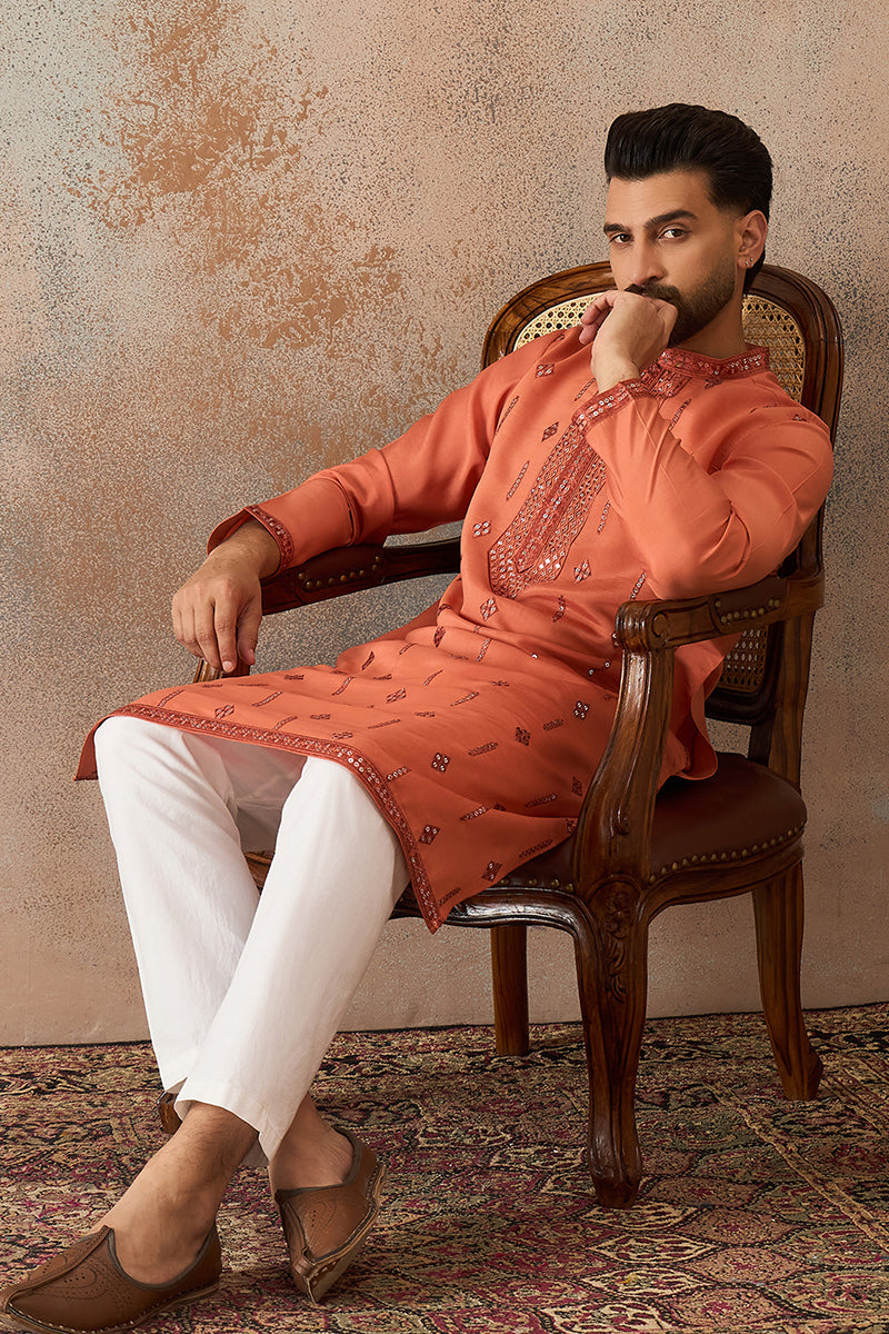 Mens Orange Silk Blend Solid Embroidered Kurta With Trouser