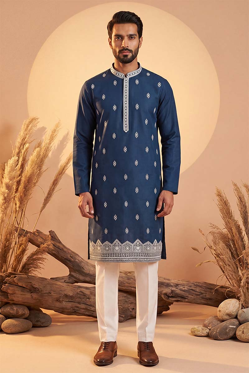 Silk Blend Blue Solid Embroidered Calf Length Straight Kurta