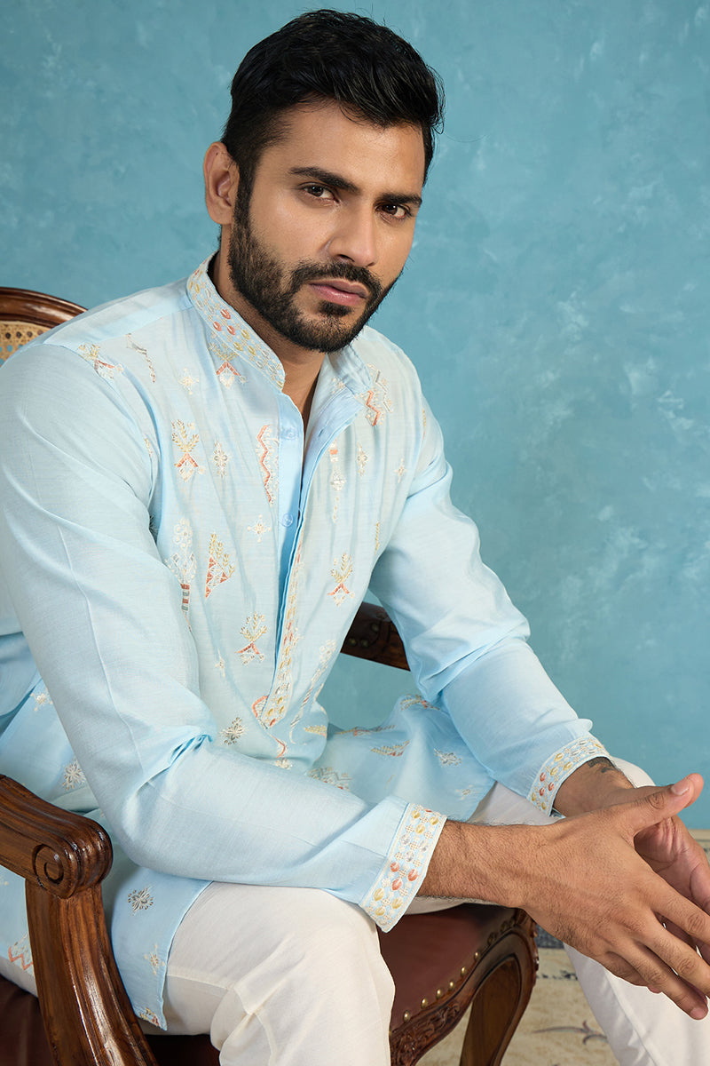 Silk Blend Blue Solid Embroidered Calf Length Straight Kurta With Trousers